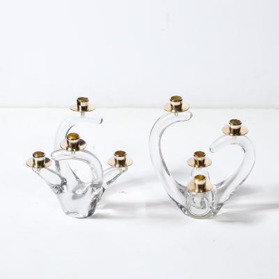  Schneider Pair of Mid Century Amorphic Crystal Brass 4 Arm Candelabras Signed Schneider