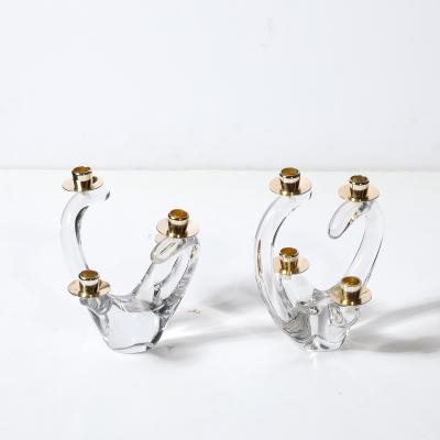  Schneider Pair of Mid Century Amorphic Crystal Brass 4 Arm Candelabras Signed Schneider