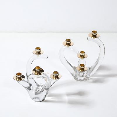  Schneider Pair of Mid Century Amorphic Crystal Brass 4 Arm Candelabras Signed Schneider
