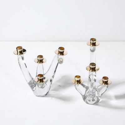  Schneider Pair of Mid Century Amorphic Crystal Brass 4 Arm Candelabras Signed Schneider