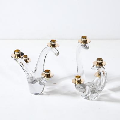  Schneider Pair of Mid Century Amorphic Crystal Brass 4 Arm Candelabras Signed Schneider