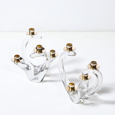  Schneider Pair of Mid Century Amorphic Crystal Brass 4 Arm Candelabras Signed Schneider