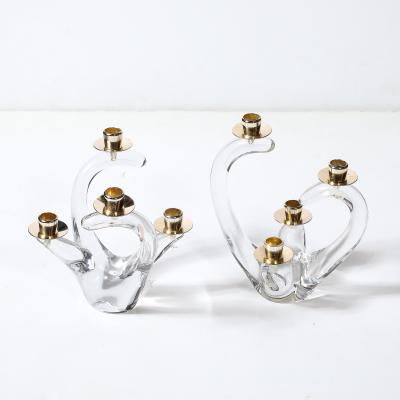  Schneider Pair of Mid Century Amorphic Crystal Brass 4 Arm Candelabras Signed Schneider