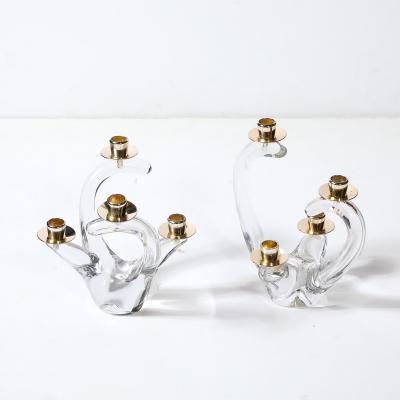  Schneider Pair of Mid Century Amorphic Crystal Brass 4 Arm Candelabras Signed Schneider