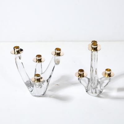  Schneider Pair of Mid Century Amorphic Crystal Brass 4 Arm Candelabras Signed Schneider