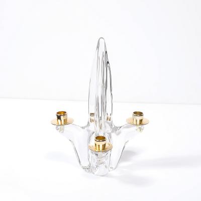  Schneider Pair of Mid Century Crystal Brass Amorphic 4 Arm Candelabra Signed Schneider