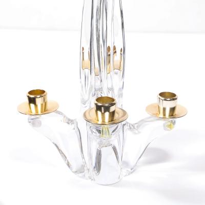  Schneider Pair of Mid Century Crystal Brass Amorphic 4 Arm Candelabra Signed Schneider