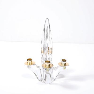  Schneider Pair of Mid Century Crystal Brass Amorphic 4 Arm Candelabra Signed Schneider