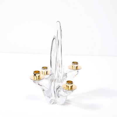  Schneider Pair of Mid Century Crystal Brass Amorphic 4 Arm Candelabra Signed Schneider