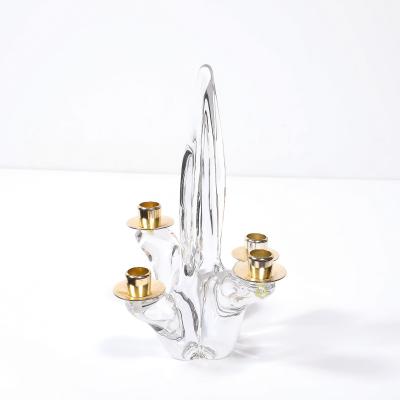  Schneider Pair of Mid Century Crystal Brass Amorphic 4 Arm Candelabra Signed Schneider
