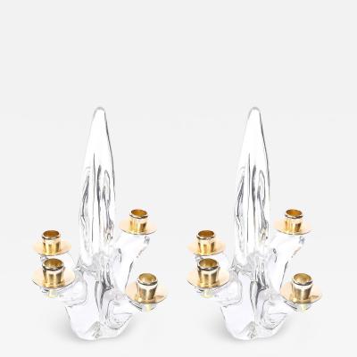  Schneider Pair of Mid Century Crystal Brass Amorphic 4 Arm Candelabra Signed Schneider