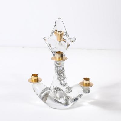  Schneider Pair of Mid Century Crystal Brass Candlestick Holders signed Schneider