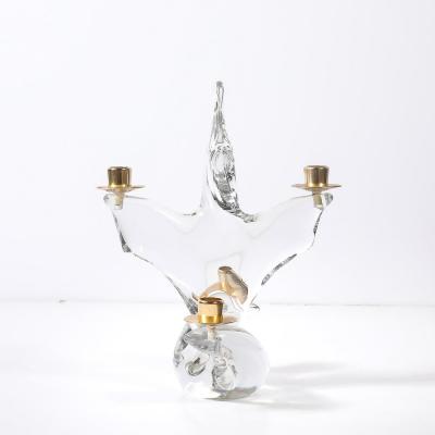  Schneider Pair of Mid Century Crystal Brass Candlestick Holders signed Schneider