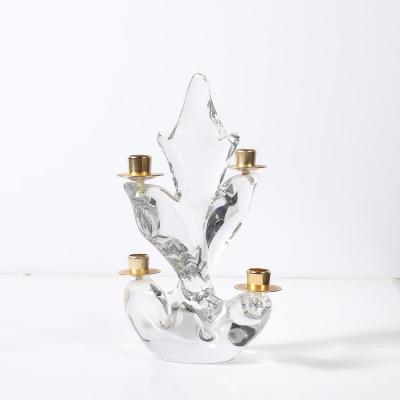  Schneider Pair of Mid Century Crystal Brass Candlestick Holders signed Schneider