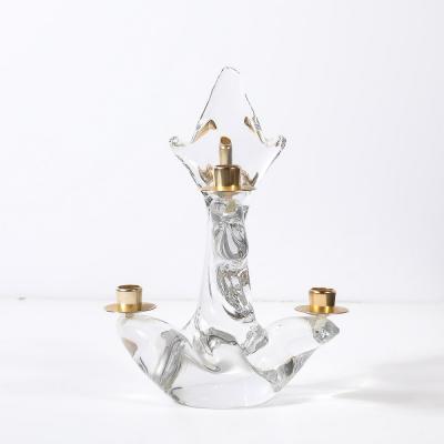  Schneider Pair of Mid Century Crystal Brass Candlestick Holders signed Schneider