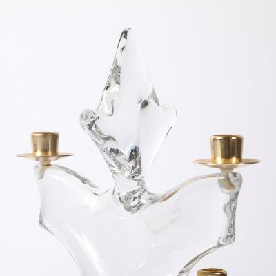  Schneider Pair of Mid Century Crystal Brass Candlestick Holders signed Schneider