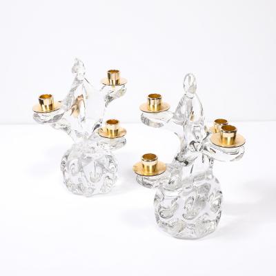  Schneider Pair of Mid Century Crystal Brass Tree Form Candelabras Signed Schneider