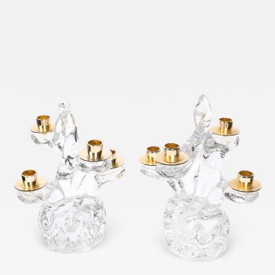  Schneider Pair of Mid Century Crystal Brass Tree Form Candelabras Signed Schneider