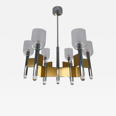  Sciolari Chandelier Brass Chrome Glass by Sciolari Italy 1970s