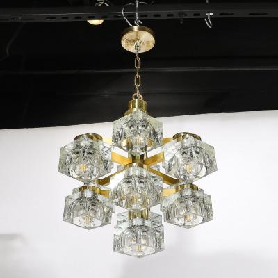  Sciolari Lighting Mid Century Modern Brass Cube Glass Chandelier by Sciolari