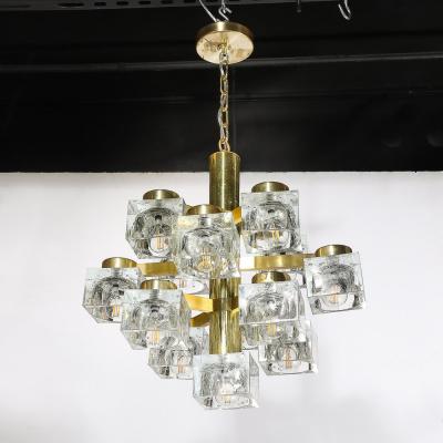  Sciolari Lighting Mid Century Modern Brass Cube Glass Chandelier by Sciolari