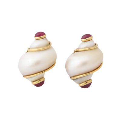  Seaman Schepps Mid Century Seaman Schepps Shell Earrings in 18K with Cabochon Rubies