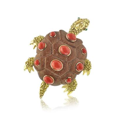  Seaman Schepps SEAMAN SCHEPPS 18K YELLOW GOLD CORAL TURTLE BROOCH