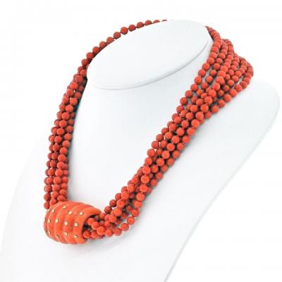  Seaman Schepps SEAMAN SCHEPPS 18K YELLOW GOLD SIX STRANG CORAL AND DIAMOND NECKLACE