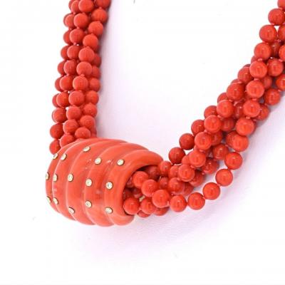  Seaman Schepps SEAMAN SCHEPPS 18K YELLOW GOLD SIX STRANG CORAL AND DIAMOND NECKLACE