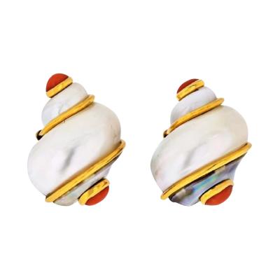  Seaman Schepps SEAMAN SCHEPPS 18K YELLOW GOLD TURBO SHELL AND CORAL EARRINGS