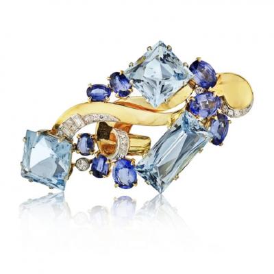  Seaman Schepps SEAMAN SCHEPPS 1940S 14K WHITE GOLD AQUAMARINE DIAMONDS BROOCH