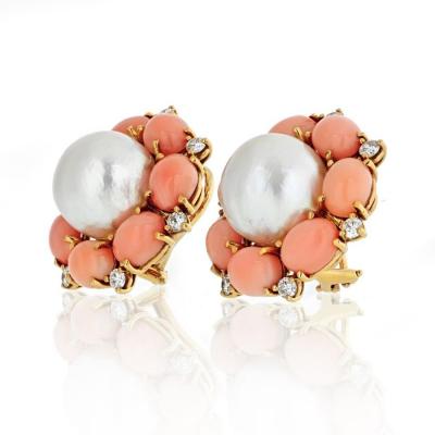  Seaman Schepps SEAMAN SCHEPPS FLOWER 18K YELLOW GOLD CORAL DIAMONDS SOUTH SEA PEARL EARRINGS