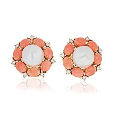  Seaman Schepps SEAMAN SCHEPPS FLOWER 18K YELLOW GOLD CORAL DIAMONDS SOUTH SEA PEARL EARRINGS