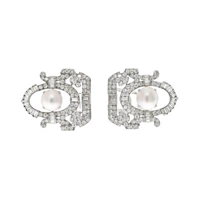  Seaman Schepps SEAMAN SCHEPPS PLATINUM DIAMOND AND PEARL DOUBLE CLIP BROOCH