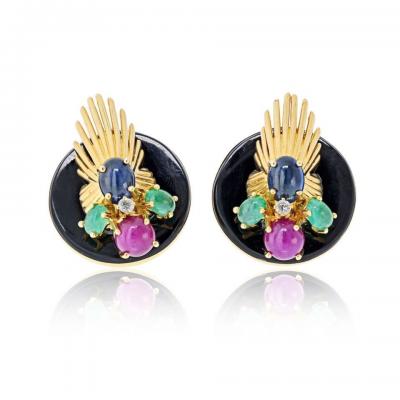  Seaman Schepps Seaman Schepps 18K YG Onyx Ruby Sapphire Emerald Clip Fan Style Earrings