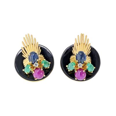  Seaman Schepps Seaman Schepps 18K YG Onyx Ruby Sapphire Emerald Clip Fan Style Earrings