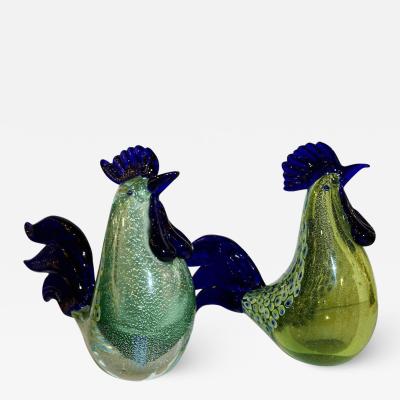  Seguso 1980s Pair of Italian Vintage Silver Navy Blue Green Murano Glass Hen Sculptures