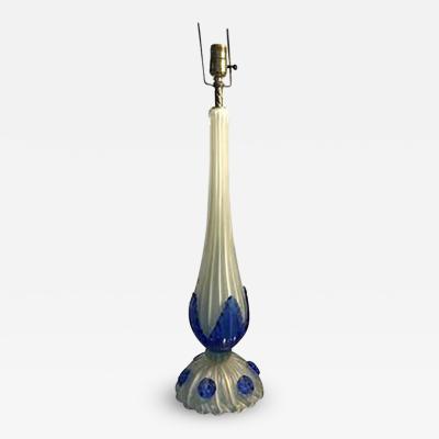  Seguso Elegant White Murano Glass Table Lamp with Cobalt Blue Accents by Seguso