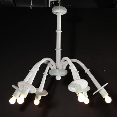  Seguso Mid Century 6 Arm Handblown White Jade Murano Scavo Glass Chandelier by Seguso