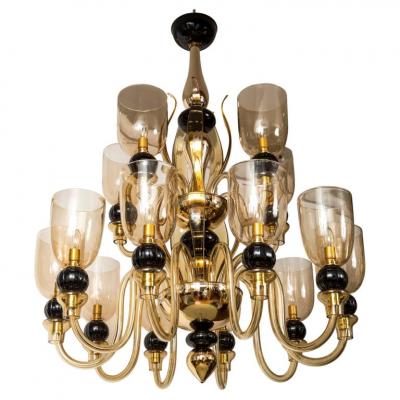  Seguso Modern Italian Murano Two Tier Fifteen Arm Uplight Chandelier By Seguso