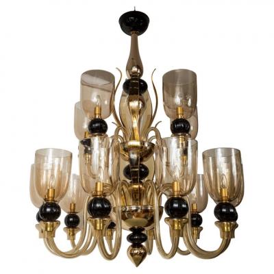  Seguso Modern Italian Murano Two Tier Fifteen Arm Uplight Chandelier By Seguso