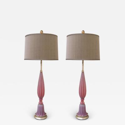  Seguso Pair of Table Lamps in Opalescent Pink Glass