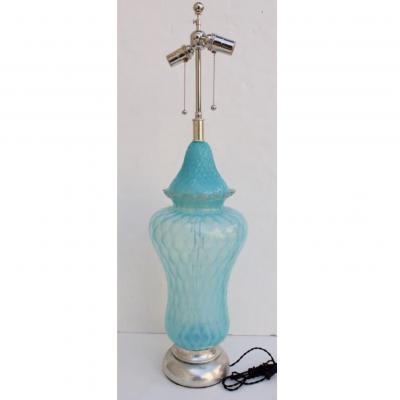  Seguso Vintage Hollywood Regency Turquoise Quilted Murano Glass Table Lamp