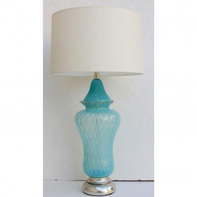  Seguso Vintage Hollywood Regency Turquoise Quilted Murano Glass Table Lamp