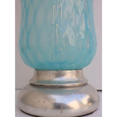  Seguso Vintage Hollywood Regency Turquoise Quilted Murano Glass Table Lamp