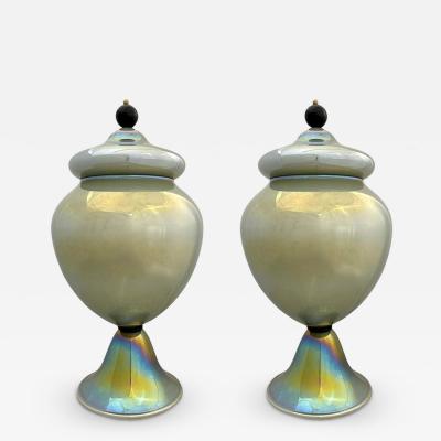  Seguso Viro 1990s Italian Pair of Tall Iridescent Glass Lamps Urns Attributed to Seguso