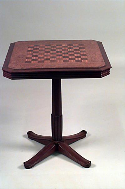  Selmercheim French Art Deco Square Mahogany and Amboyna Pedestal Base Flip Top Game Table