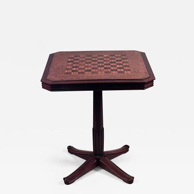  Selmercheim French Art Deco Square Mahogany and Amboyna Pedestal Base Flip Top Game Table