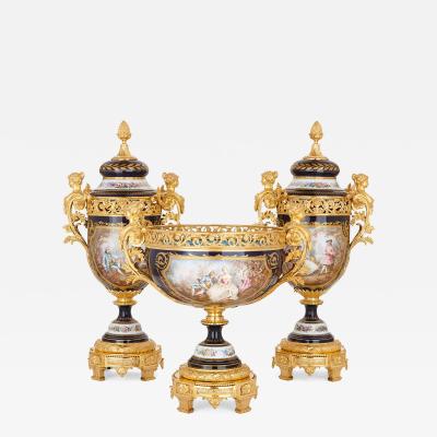  Sevres Manufacture Nationale de S vres Sevres style porcelain and gilt bronze jardiniere and vase garniture