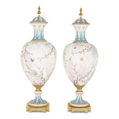  Sevres Manufacture Nationale de S vres Two large gilt bronze mounted Rococo style white porcelain vases